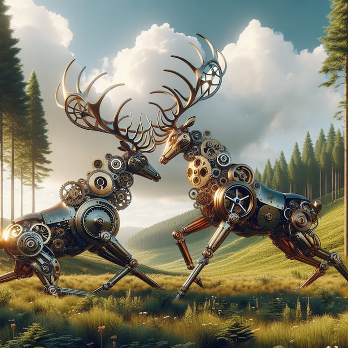 Mechanical Deer Clash Amidst Serene Steampunk Landscape