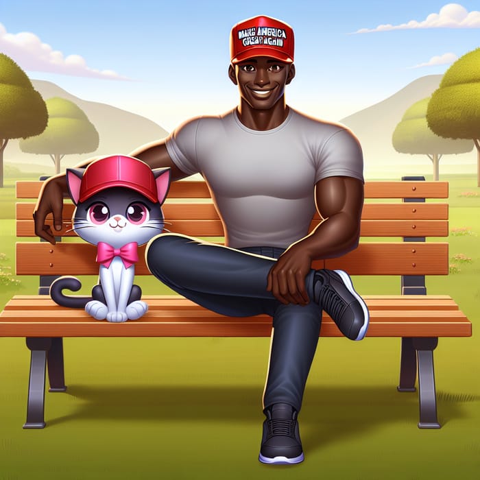 Serene Park Bench Scene with Kanye West and Hello Kitty in Beautiful Landscape