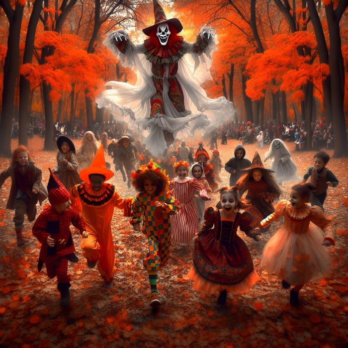 Vibrant Halloween Scene: Playful Kids, Colorful Trees & Clown