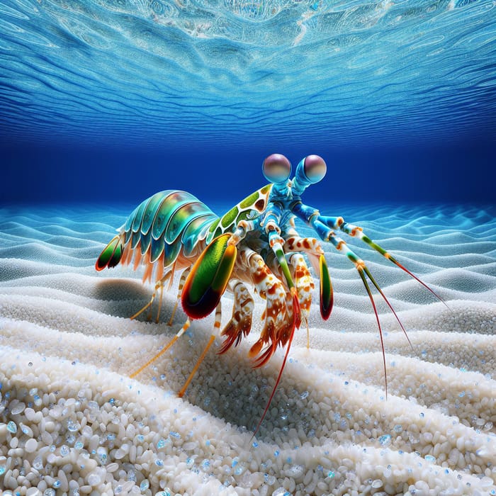 Realistic Hyperrealistic Mantis Shrimp on White Sand in Clear Water