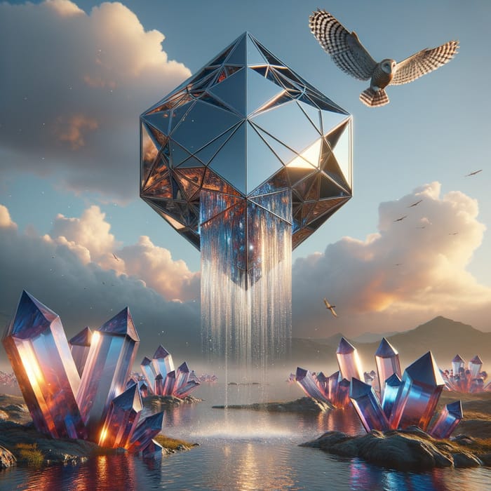 Floating Metallic Geometrical Structure Reflecting Natural Landscape and Crystal Waterfall
