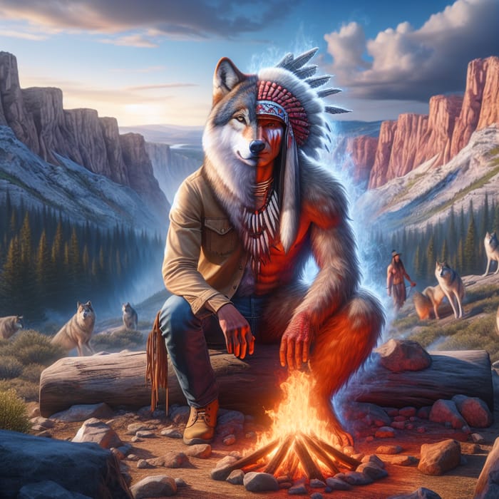 Realistic Transformation: Native American to Wolf in Mountain Scene