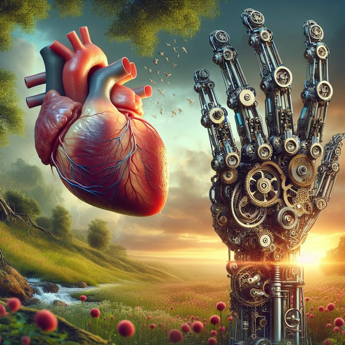 Intricately Designed Mechanical Hand Holding Realistic Human Heart