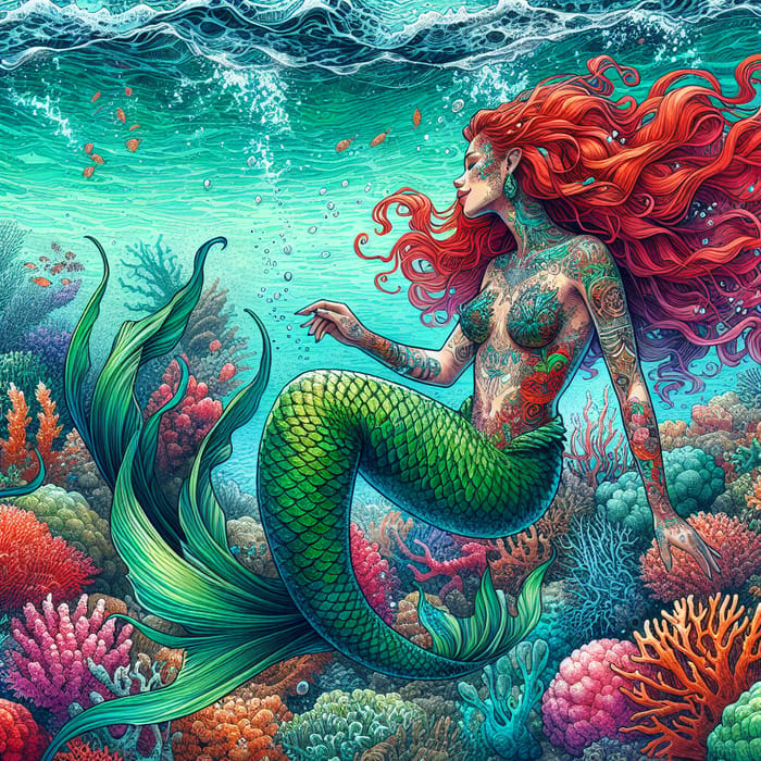 Tattooed Mermaid Ariel in Stunning Reef Scene