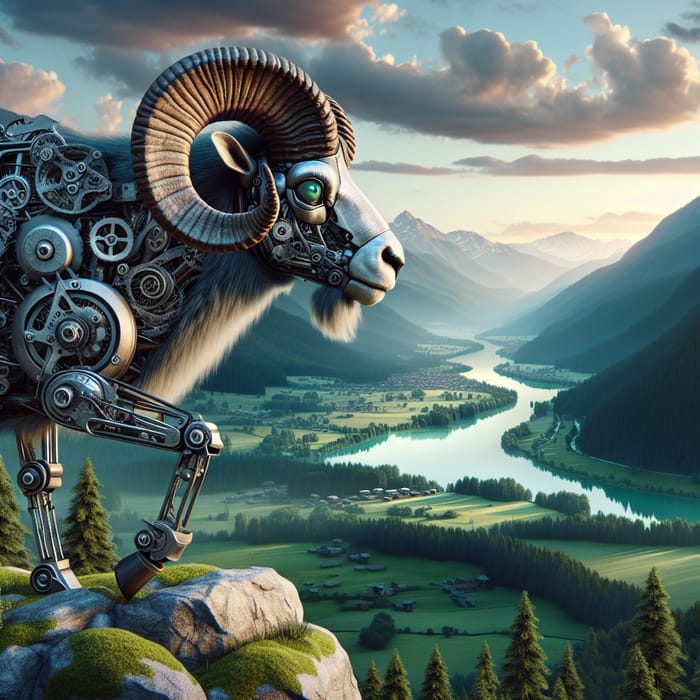 Realistic Mechanical Big Horn Sheep Gazing Over Serene Landscape
