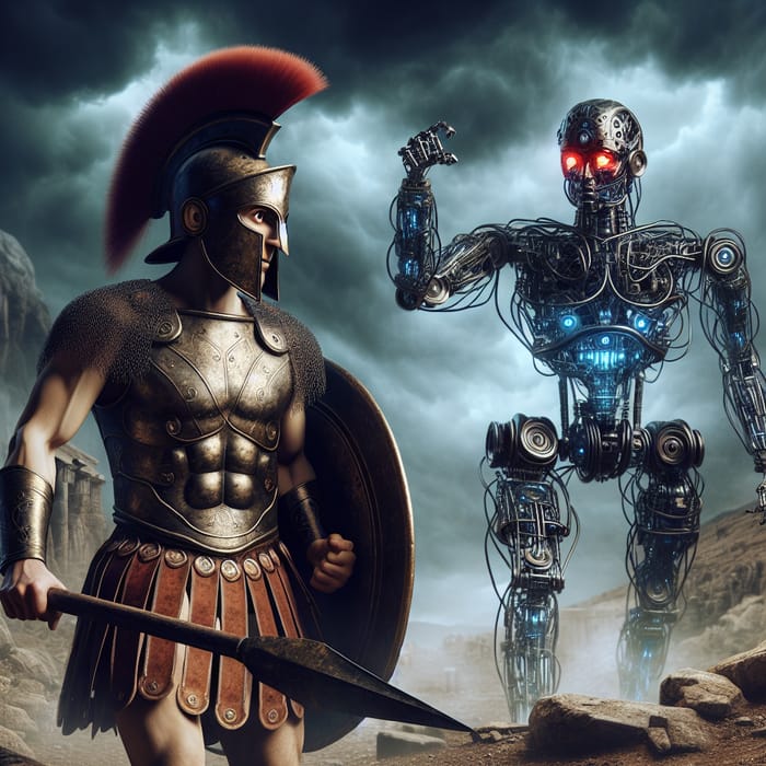 Trojan Warrior vs Terminator: Epic Battle in Stormy Battlefield