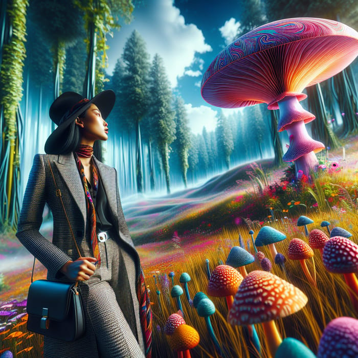 Stylish South Asian Woman Captivated by Psychedelic Mushroom in Enchanting Landscape