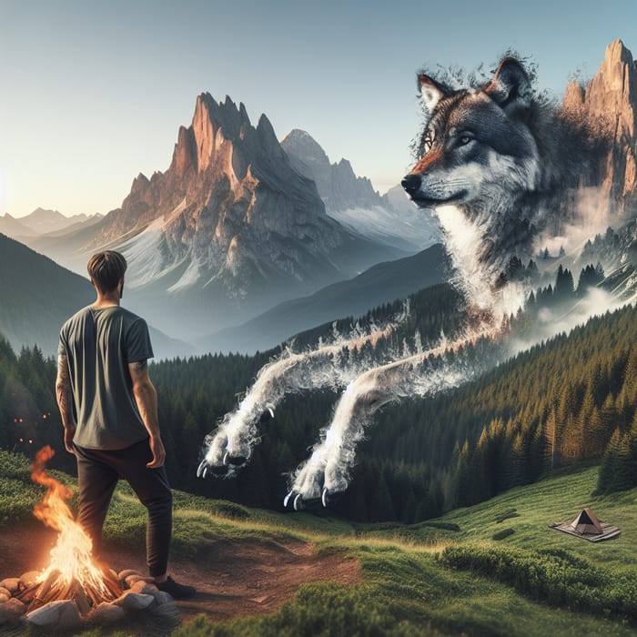 Engaging Scene of Man to Wolf Transformation in Majestic Mountain Landscape