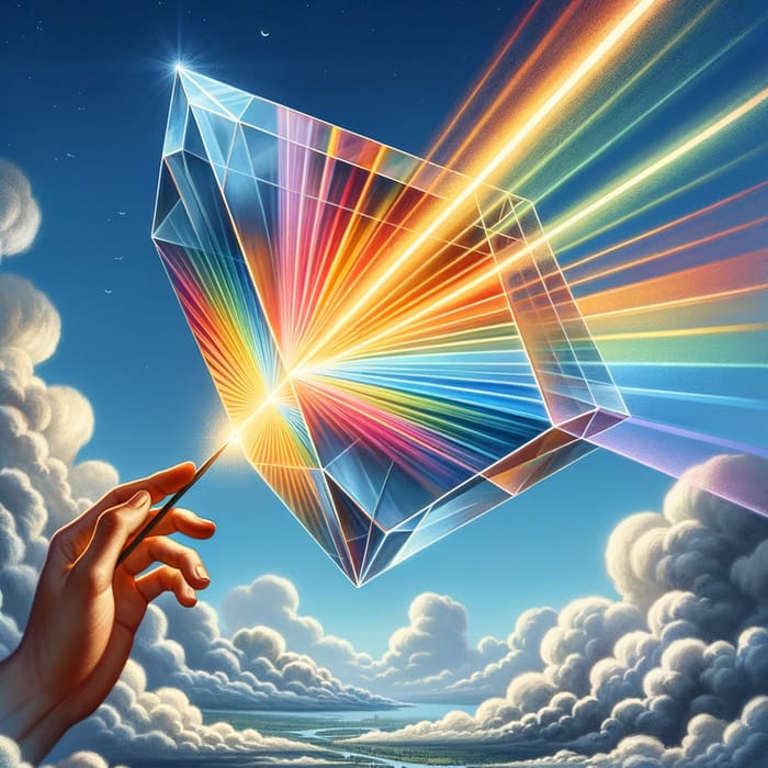 Crystal Prism Hovering in Sky: Radiant Light Refraction Explosion
