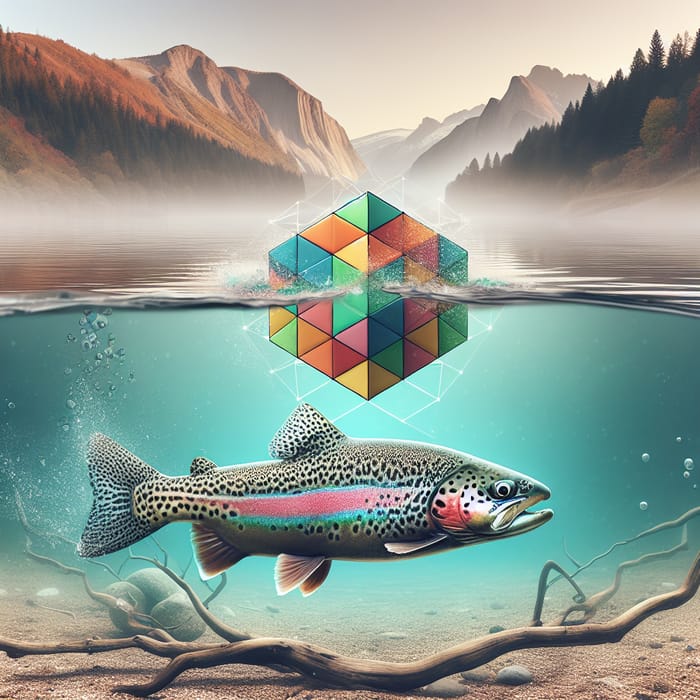 Trout Swimming Beneath Beautiful Landscape with Colorful Geometric Object