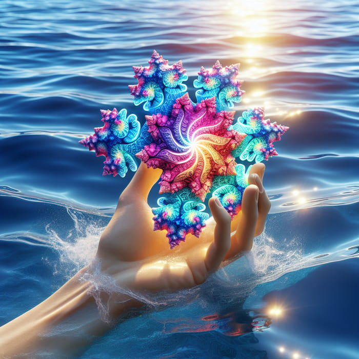 Hand Emerging from Clear Blue Water Holding Vibrant Geometric Object