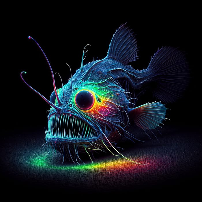 Anglerfish in Dark Depths with Colorful Glow