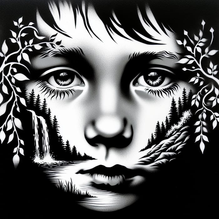 Enchanting Stencil Art: Boy's Face Transforms into Nature Scene
