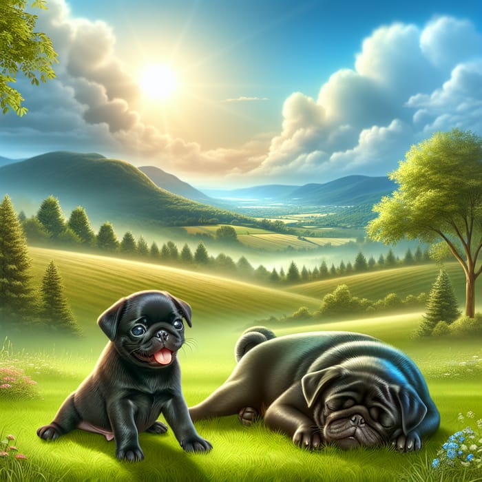 Enchanting Black Pug Puppy Playing Scene in Serene Landscape