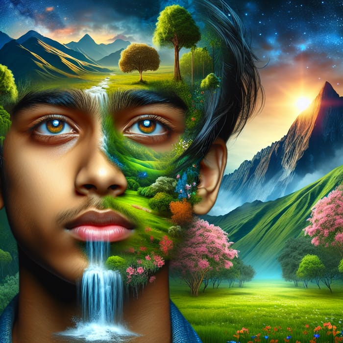 Surreal Portrait: South Asian Boy's Face Transforms into Nature Landscape