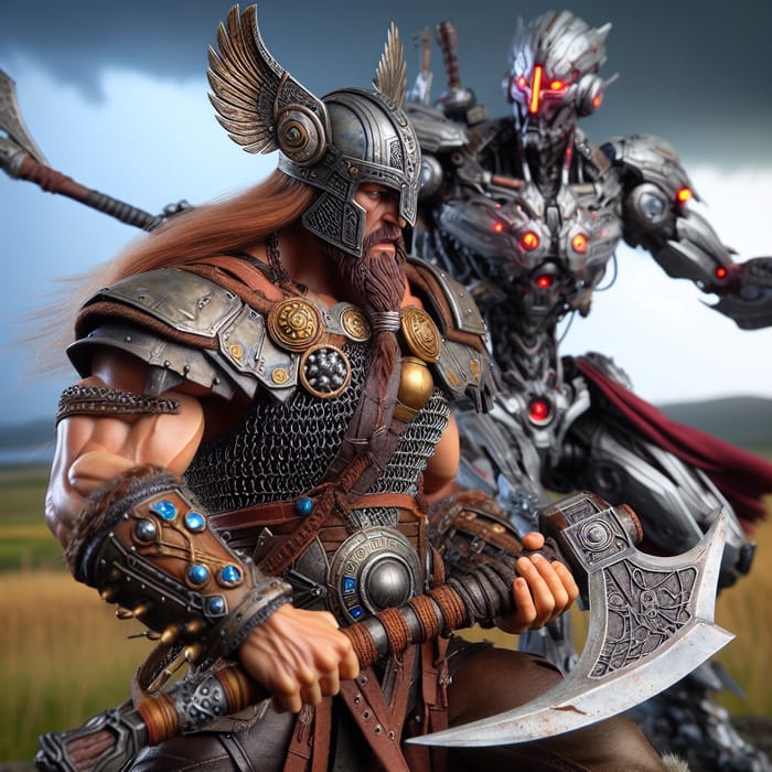Viking Warrior vs Terminator: Fierce Battle on Rugged Battlefield