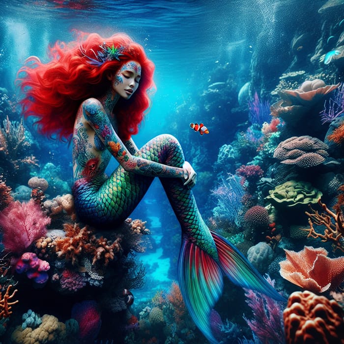 Enchanting Red-Haired Mermaid Tattoos in Clear Waters