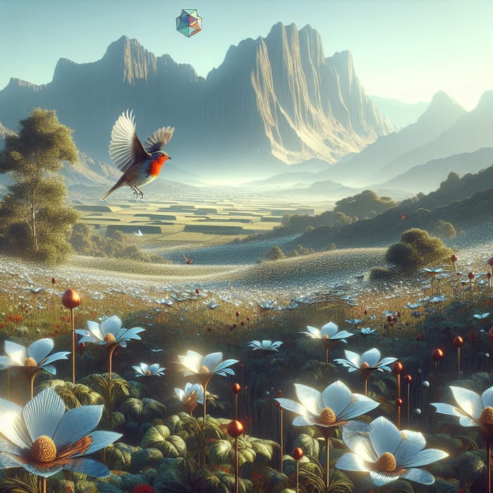 Realistic Metallic Flowers in Beautiful Mountain Landscape with Red Robin and Sacred Geometry