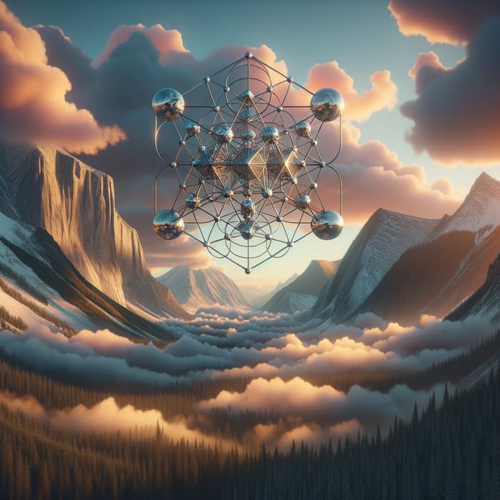 Surreal Mountain Landscape with Sacred Geometry Figure