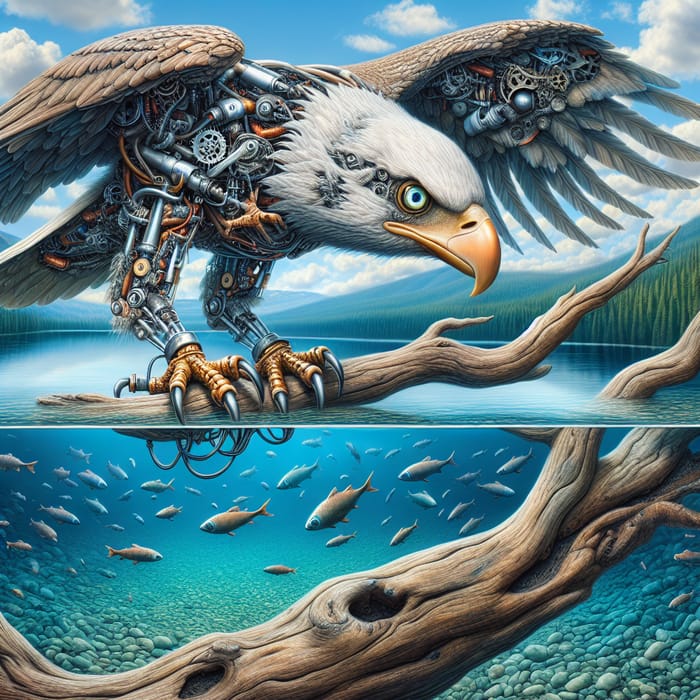 Detailed Mechanical Bald Eagle Watching for Fish