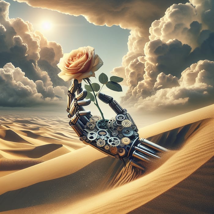 Mechanical Hand Emerging from Desert with Rose - Surreal Art