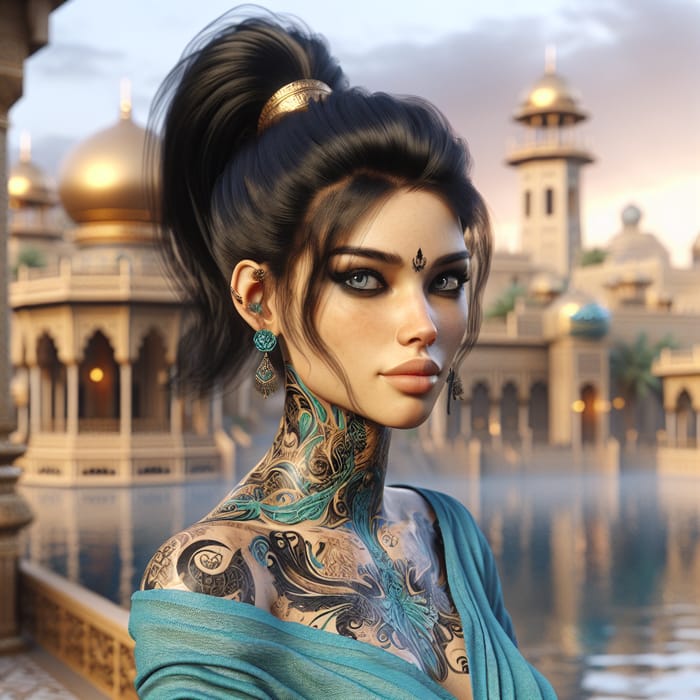 Realistic Princess Jasmine with Intricate Tattoos in Turquoise Attire