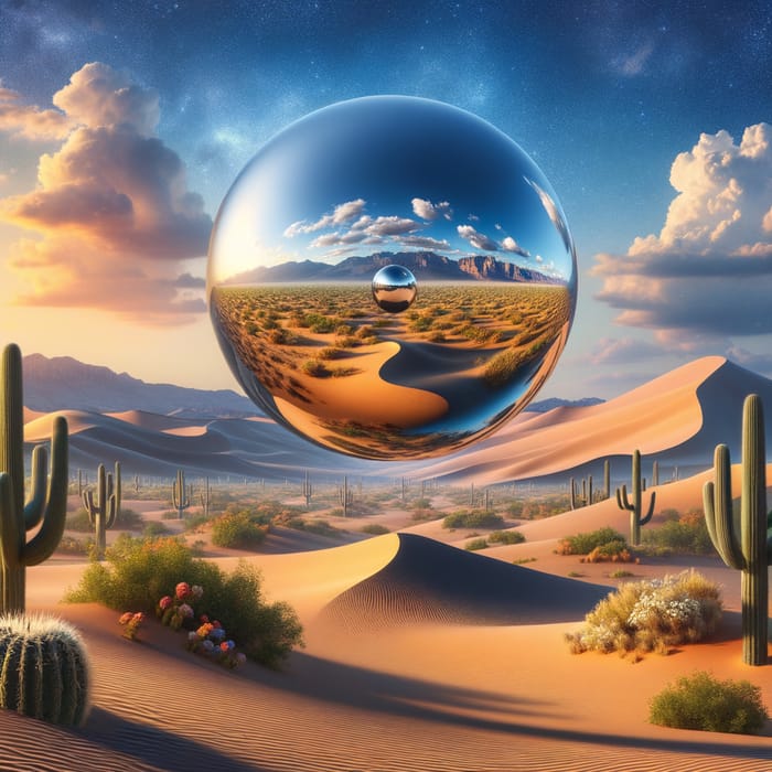 Surreal Metal Object Reflecting Desert & Enchanting Landscape