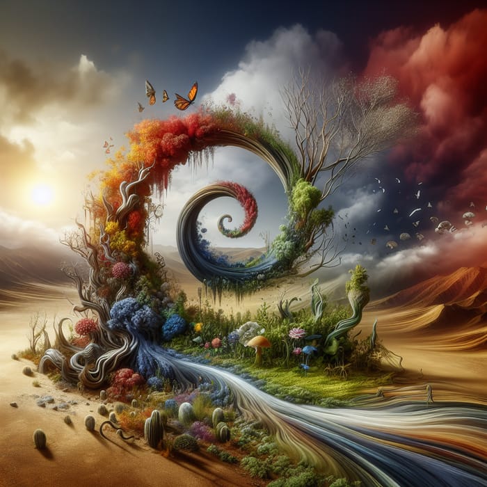 The Evolving Cycle: Realistic Surreal Depiction of Transformation