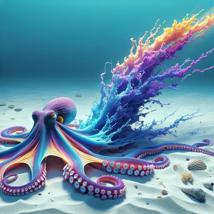 Colorful Octopus Jetting Ink in Monotone Sand