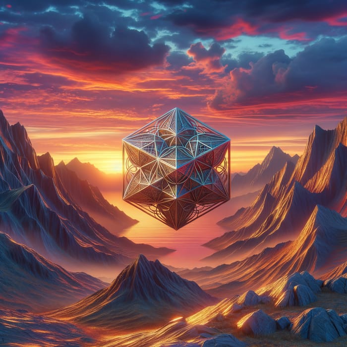 Surrealistic Mountain Landscape at Sunset with Metal Sacred Geometry
