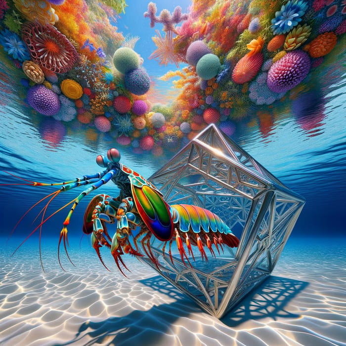 Vibrant Mantis Shrimp Swimming Through Metallic Geometric Object