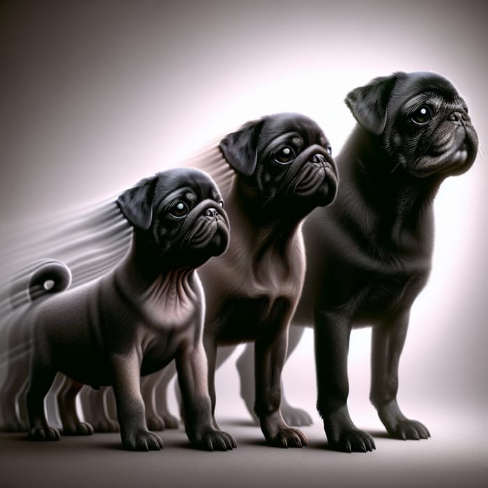 Dreamy Evolution of Black Pug Puppy into Adult
