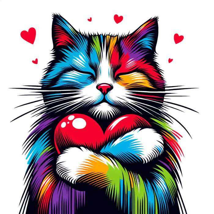 Colorful Cat Illustration with Vibrant Pop Art Style and Red Heart
