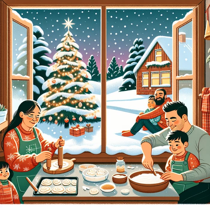 Family Making Dumplings in Snowy Christmas Scene