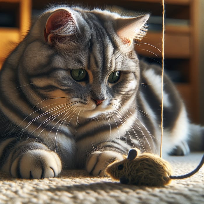 Playful Gray Tabby Cat Playing with Mouse Toy