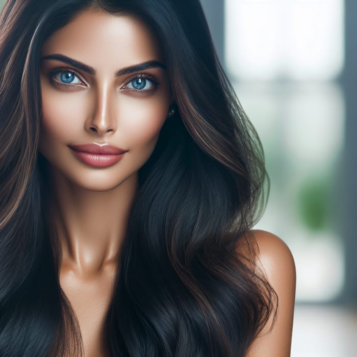 Graceful South Asian Woman with Blue Eyes and Dark Long Hair