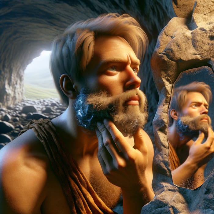 Realistic 1960s Blond Man Shaving in Cave | Reflection on Polished Rock