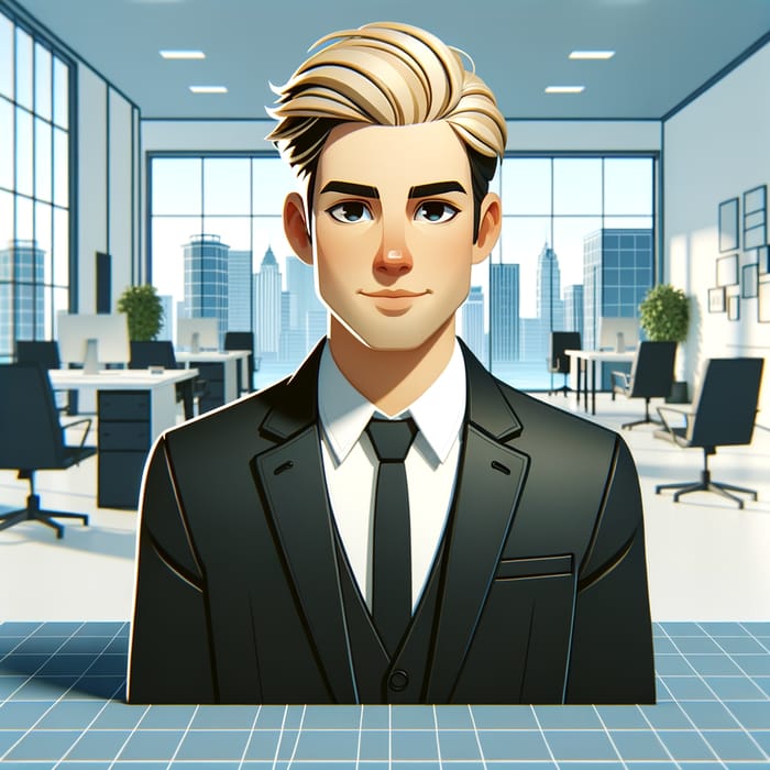 Blonde Man in Black Suit in Pixar-Style Office 3D Animation