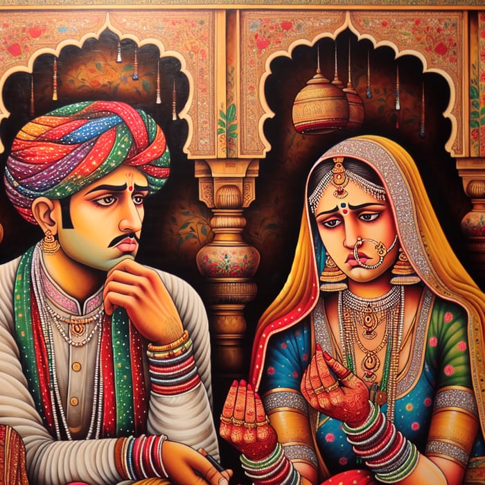 Indian Couple's Arranged Marriage Crisis in Vibrant Rajasthani Painting