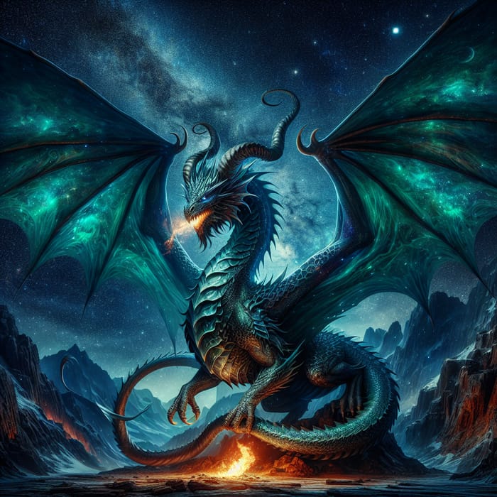 Majestic Dragon in Night Sky With Iridescent Scales