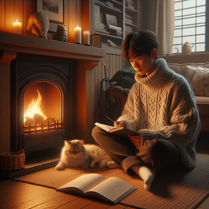Tranquil Rainy Day Scene: Cozy Room with Fireplace, Sofa, Cat, and Student