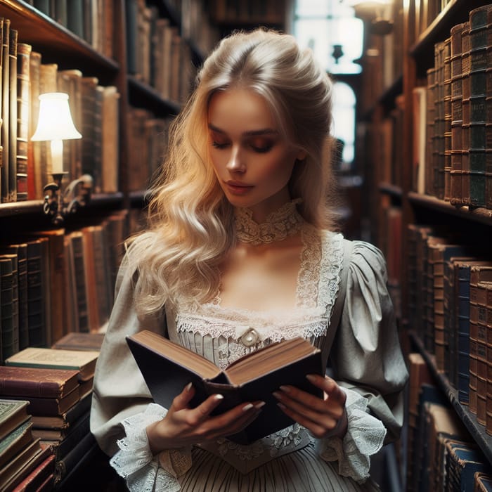 Blonde Woman Reading in Antique Bookstore
