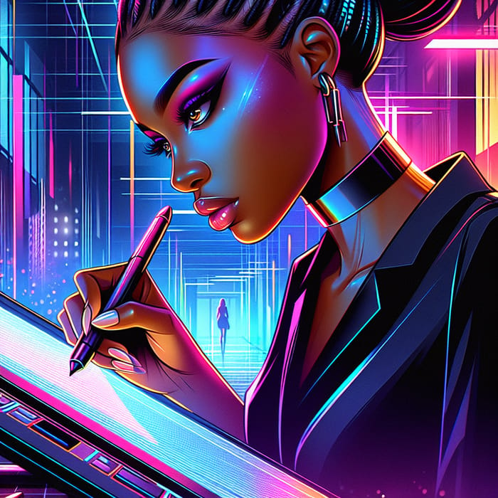 Stunning Black Woman in Modern Cyberpunk Office Illustration