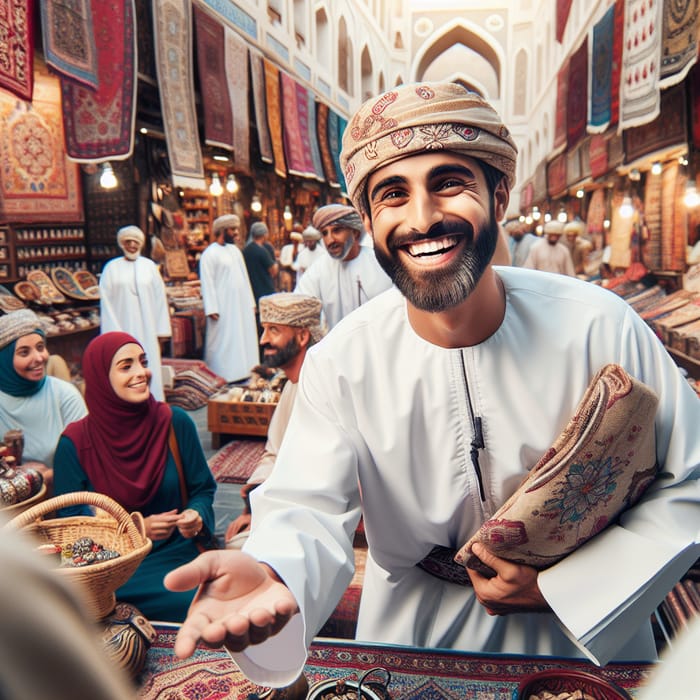 Happy Omani Man Assisting Visitors in Vibrant Suq