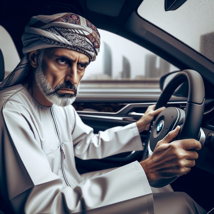 Omani Man In Traditional Attire Driving BMW Car Looking Sad