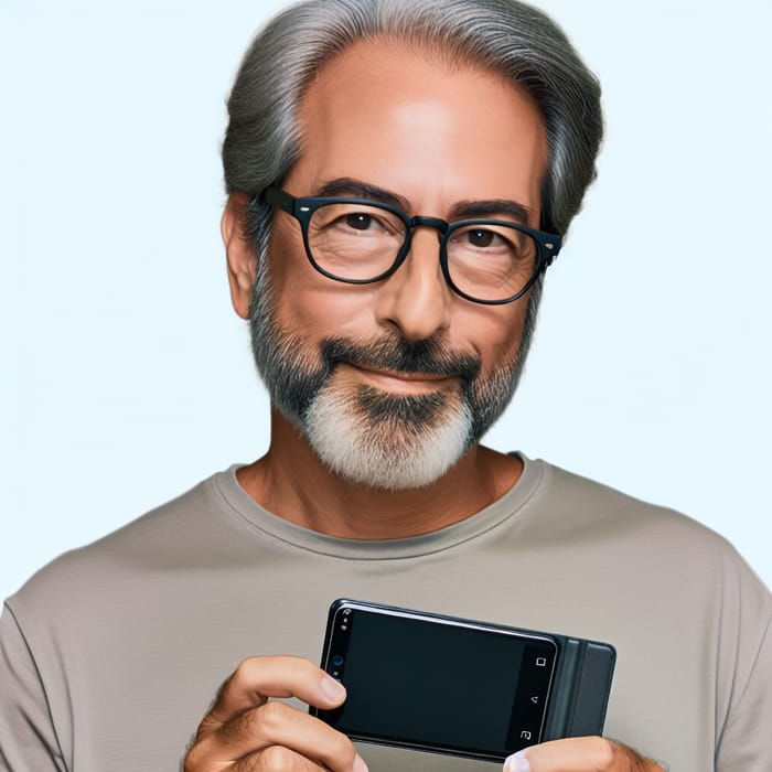Indian Man with Black and Slightly White Hair Using Foldable Smartphone