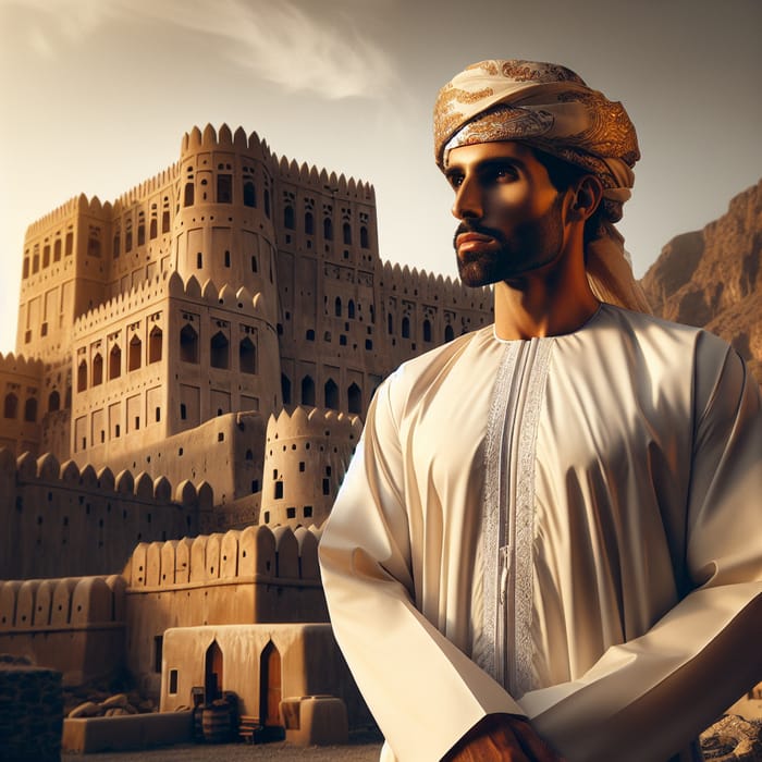 Omani Man in Traditional Attire Standing next to Ancient Fort