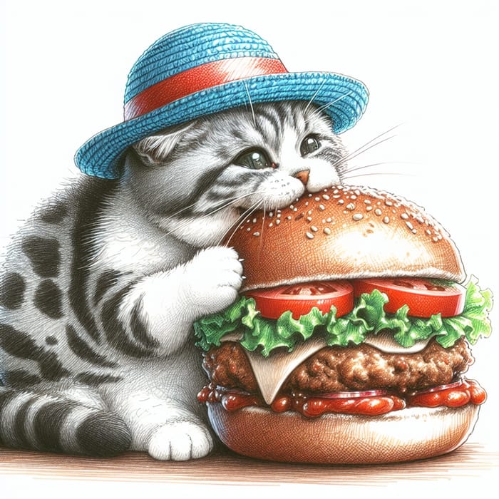 Cute Cat in Hat Eating Burger - Whimsical Illustration