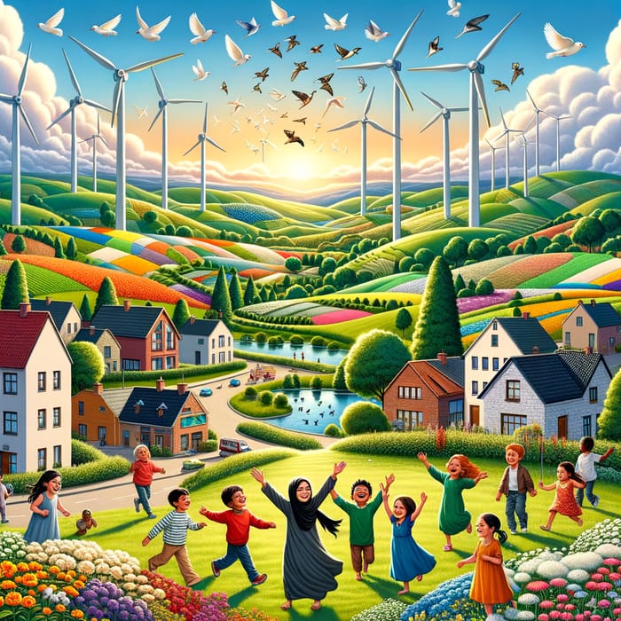 Happy & Colorful Modern Town with Wind Turbines & Birds
