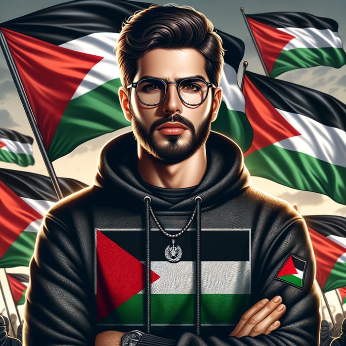 Stylish Man with Goatee in Palestine Flag Hoodie